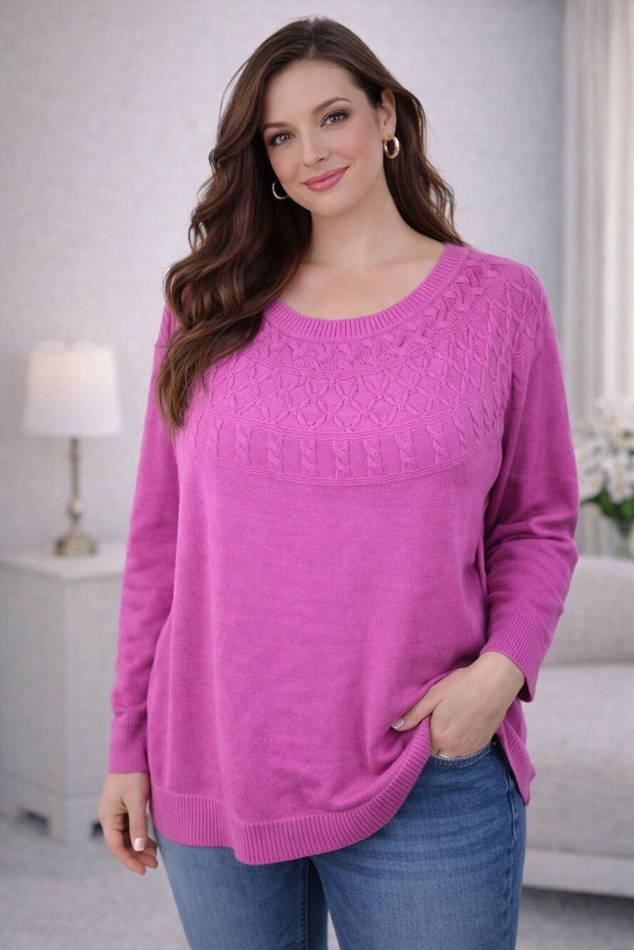 TALBOTS COTTON SWEATER PINK CABLE YOKE LONG SLEEVE SIZE XL
